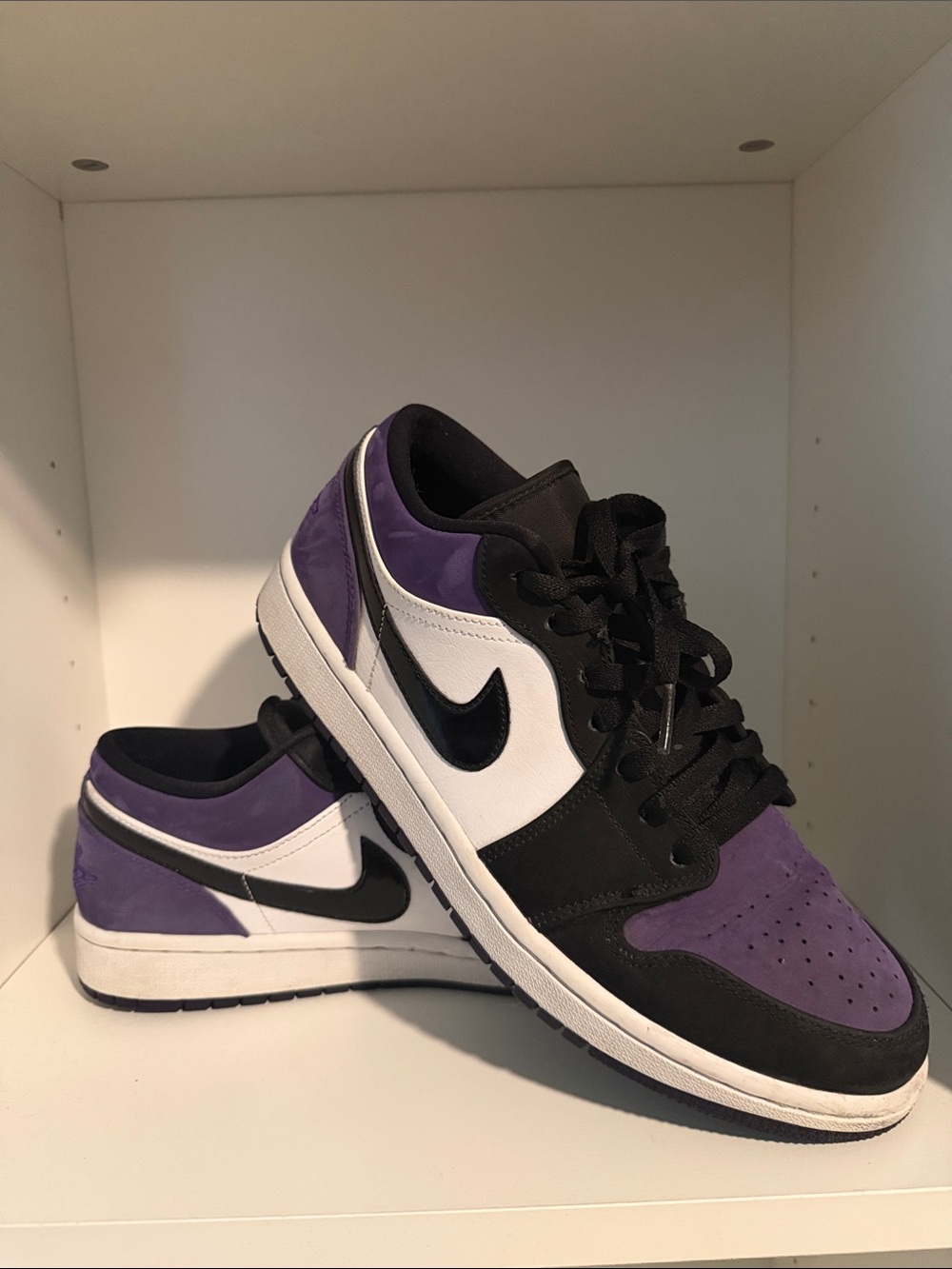 Nike Jordans Low Top Sneakers in Purple, Black & White with Black Swoosh